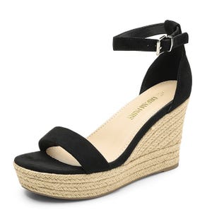 Black wedge sandal with an ankle strap and a jute-wrapped platform heel.