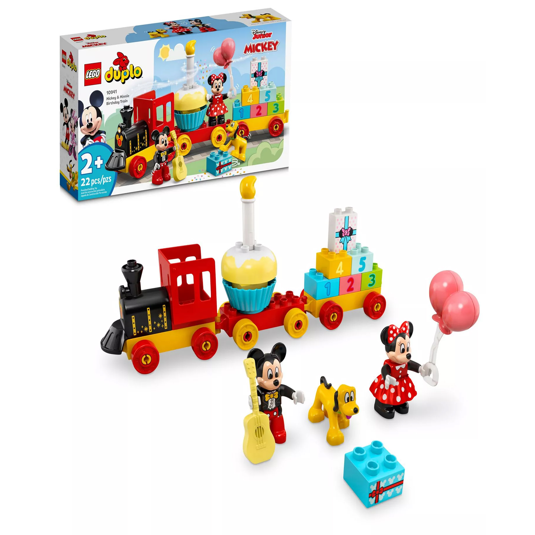 LEGO DUPLO set for ages 2+, featuring a birthday train with figures that resemble popular cartoon characters, a cupcake, numbered blocks, a gift, guitar, balloons, and 22 pieces.