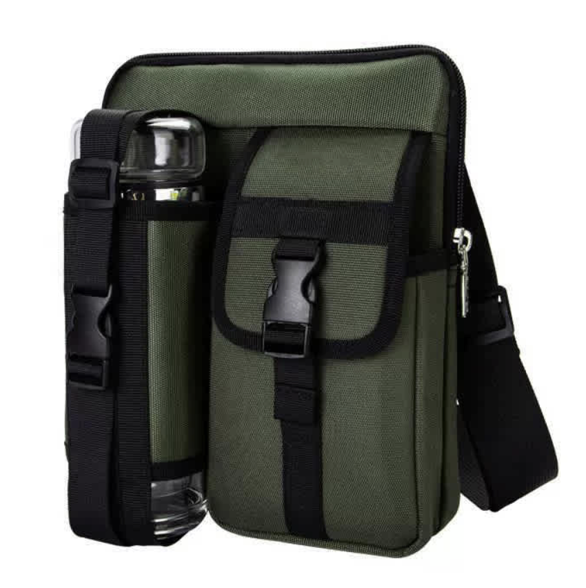 A green and black shoulder bag with a front pocket featuring a buckle clasp, accompanied by an attached holder for a water bottle.