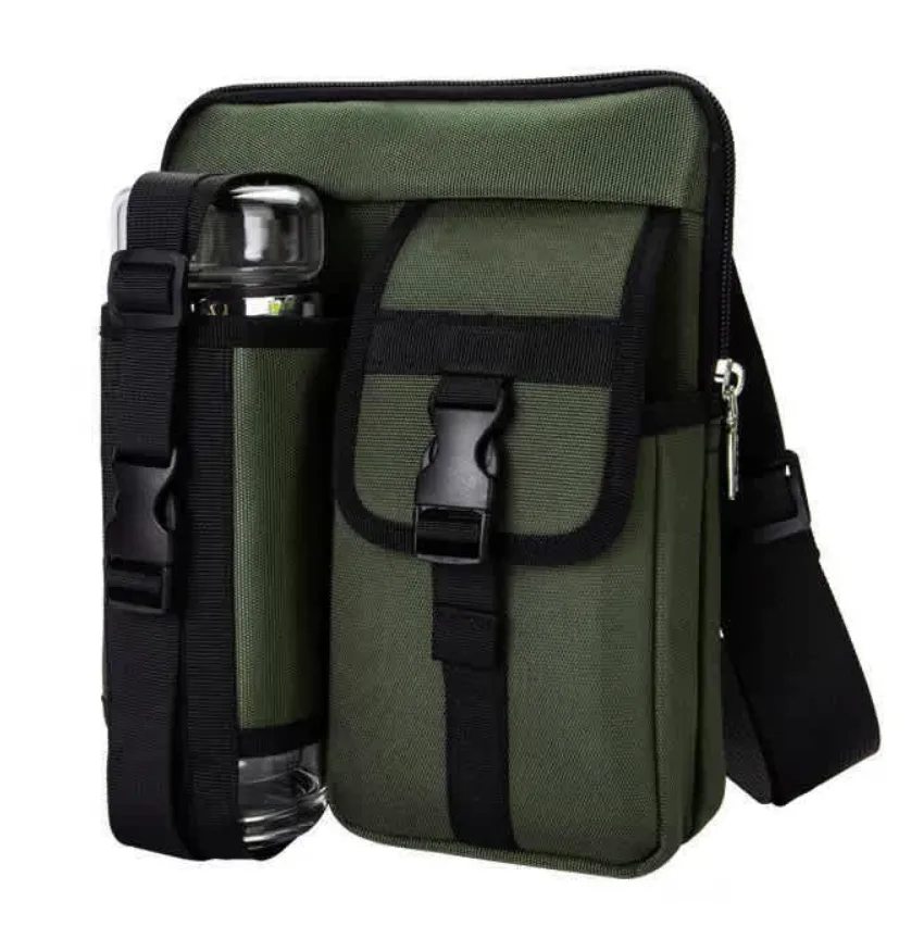 A green and black shoulder bag with a front pocket featuring a buckle clasp, accompanied by an attached holder for a water bottle.