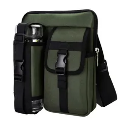 A green and black shoulder bag with a front pocket featuring a buckle clasp, accompanied by an attached holder for a water bottle.