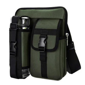 A green and black shoulder bag with a front pocket featuring a buckle clasp, accompanied by an attached holder for a water bottle.