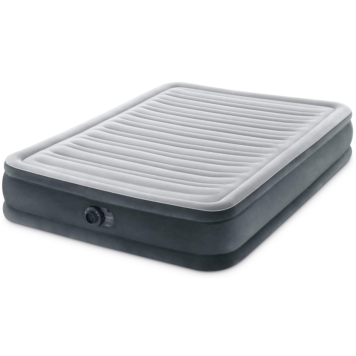 Intex Full Air Mattress features a built-in pump for easy inflation and deflation, with a soft, flocked sleeping surface and raised edges for comfort.