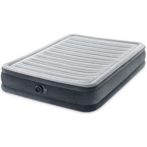 Intex Full Air Mattress features a built-in pump for easy inflation and deflation, with a soft, flocked sleeping surface and raised edges for comfort.