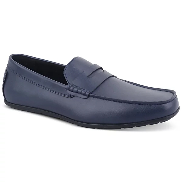 A navy blue leather penny loafer with a sleek design and rubber sole.