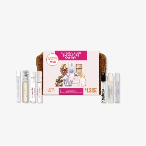 A set of mini perfume samples from various brands, presented with a $15 gift card for Ulta Beauty.