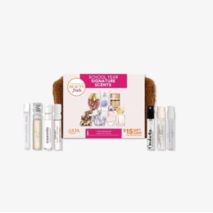 A set of mini perfume samples from various brands, presented with a $15 gift card for Ulta Beauty.