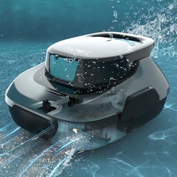 Robotic pool cleaner operating in water.