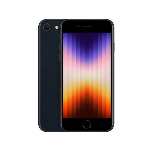 A black iPhone SE 3rd Generation with a single rear camera, LED flash, and a fingerprint sensor on the front. The display shows a colorful gradient pattern.