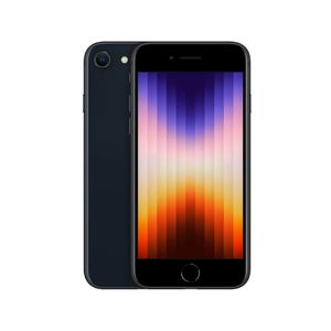 A black iPhone SE 3rd Generation with a single rear camera, LED flash, and a fingerprint sensor on the front. The display shows a colorful gradient pattern.