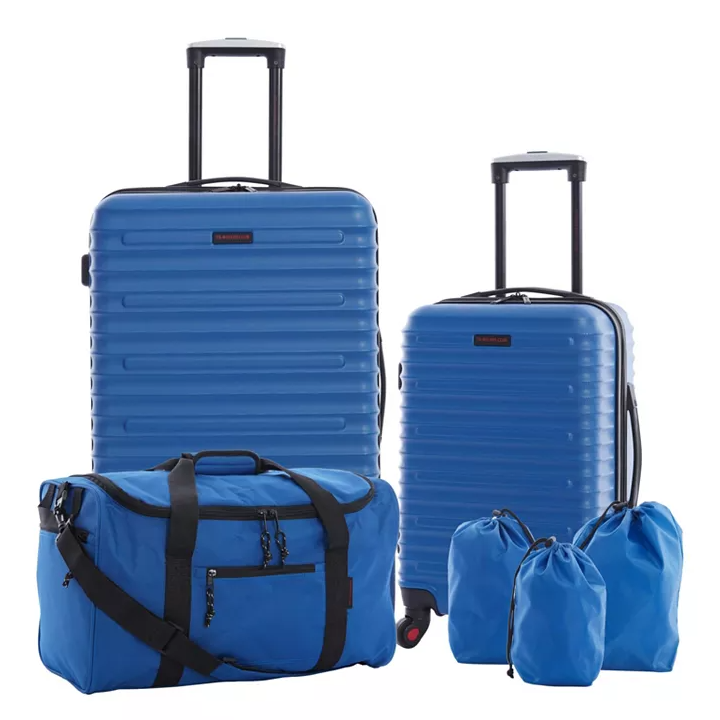 6-piece set includes two blue hardside spinner suitcases, one larger and one smaller, a blue duffel bag with black straps, and three drawstring pouches.