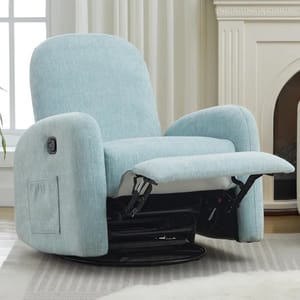 A light blue boucle fabric rocking recliner features a padded seat, rounded armrests, and a manual reclining function with a side lever. It includes a side pocket for storage and sits atop a swiveling base.