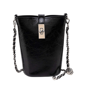 A black leather bucket bag with a chain strap and decorative lock detail.