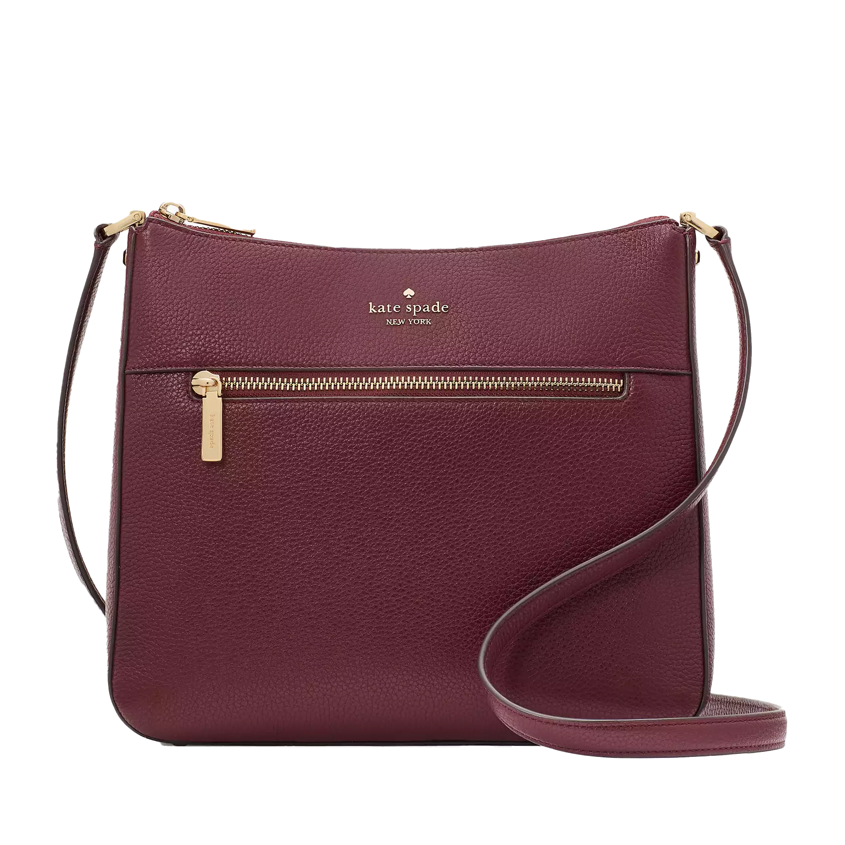 A maroon Kate Spade New York crossbody bag with a textured leather finish, featuring a front zip pocket and gold-tone hardware.