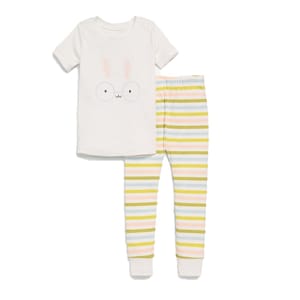 Children's pajama set featuring a white short-sleeve top with a cute bunny face design and multicolored striped pants.