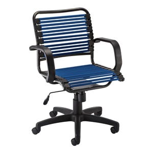 Office chair with blue bungee cords for seat and backrest, featuring armrests, adjustable height, and a swivel base with five casters.