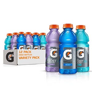 A 12-pack of 20-ounce Gatorade Frost bottles in a variety pack, featuring three different flavors indicated by purple, blue, and light blue colored liquids.