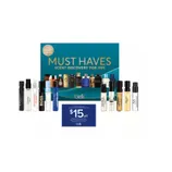 Gift set titled \“Must Haves Scent Discovery for Him\“ from Belk, featuring multiple cologne samples and a $15 discount card.