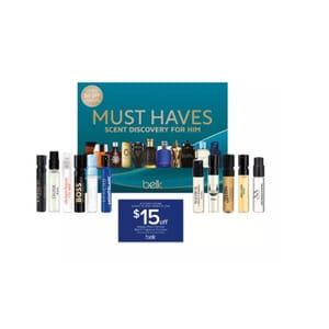 Gift set titled \“Must Haves Scent Discovery for Him\“ from Belk, featuring multiple cologne samples and a $15 discount card.