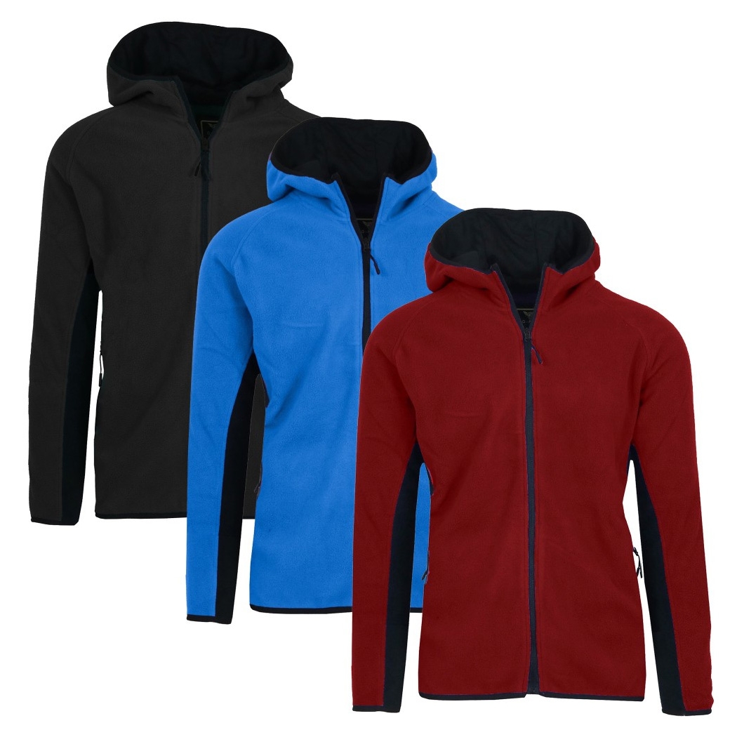 A 3-pack of men's fleece zip hoodies in black, blue, and red, featuring a front zipper, drawstring hood, and contrasting black side panels and inside lining for warmth and style.