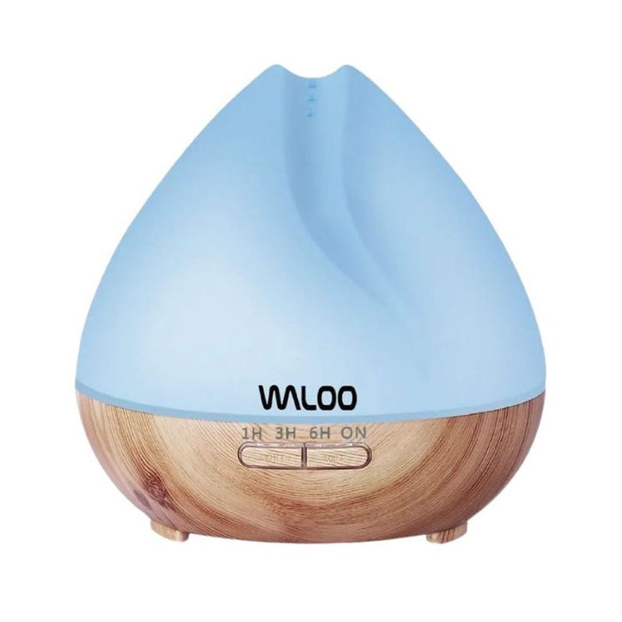 A blue and wood-grain pattern essential oil diffuser branded \“WALOO\“ with buttons for 1H, 3H, 6H, and ON settings.