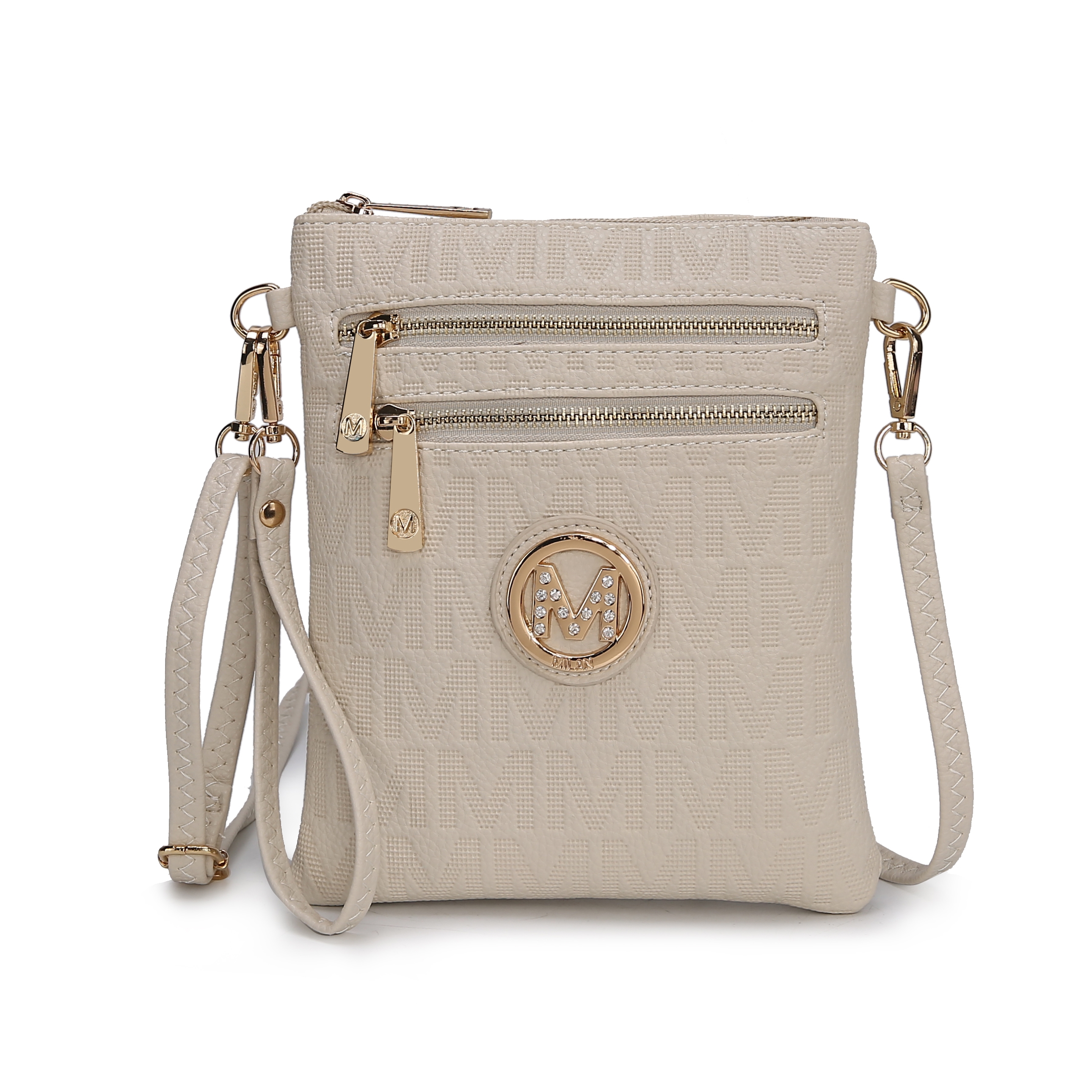 A beige crossbody bag with a textured pattern, multiple zippered compartments, and a decorative gold-tone logo medallion.