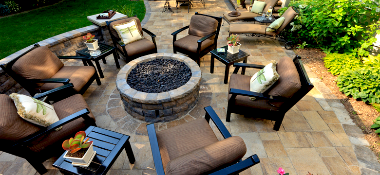 Outdoor patio furniture set with fire pit table for backyard relaxation