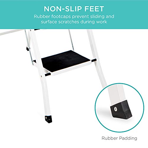 A white ladder with rubber foot caps designed to prevent sliding and surface scratches, featuring non-slip feet with rubber padding.