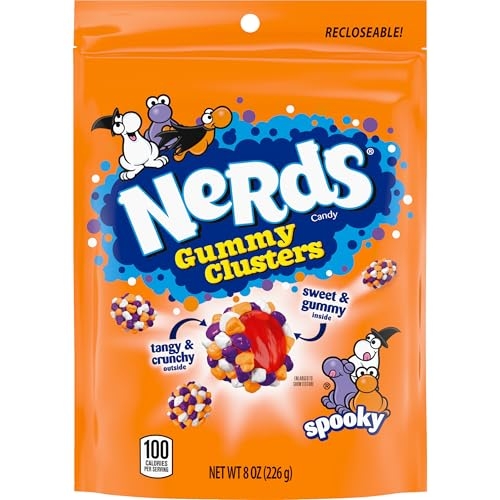 A package of Nerds Gummy Clusters candy, featuring tangy & crunchy shell with sweet & gummy center, and a \“spooky\“ theme for Halloween.