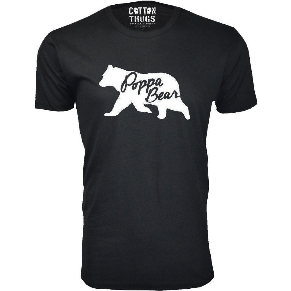 Black T-shirt featuring a white silhouette of a bear with the words \“Poppa Bear\“ inside. The brand label \“Cotton Thugs\“ is visible on the inside collar.