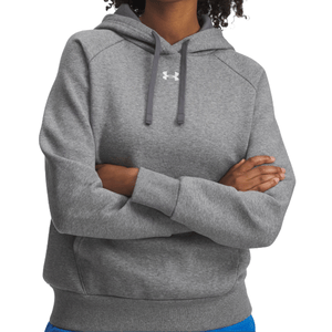 A person is wearing a gray Under Armour hoodie with the logo on the chest, featuring a drawstring hood and ribbed cuffs.