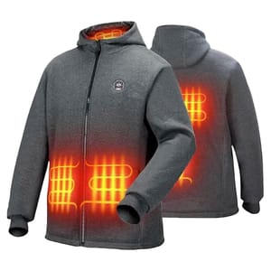 Heated jacket with glowing elements on the front and back, designed for warmth.