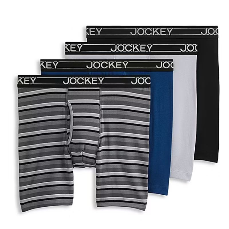 Set of men's boxer briefs featuring three solid colors (blue, grey, black) and one grey-striped design. Each features a black waistband with \“Jockey\“ branding.