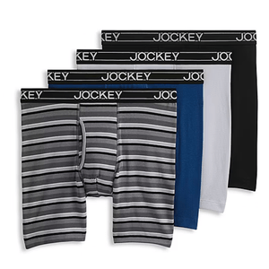 Set of men's boxer briefs featuring three solid colors (blue, grey, black) and one grey-striped design. Each features a black waistband with \“Jockey\“ branding.