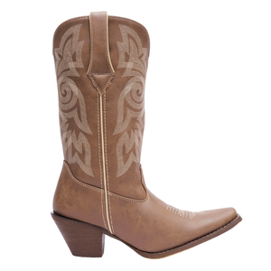 A brown cowboy boot with decorative stitching, featuring a pointed toe and a stacked heel.