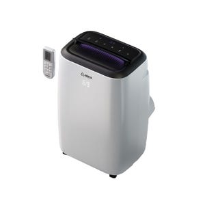 Portable air conditioner with a digital display and remote control, featuring a sleek design.