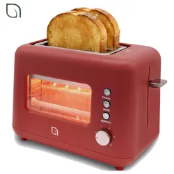 A red toaster with a transparent side, showing two slices of toasted bread. It includes controls for cancel, bagel, defrost, and a browning dial numbered 1 to 6.