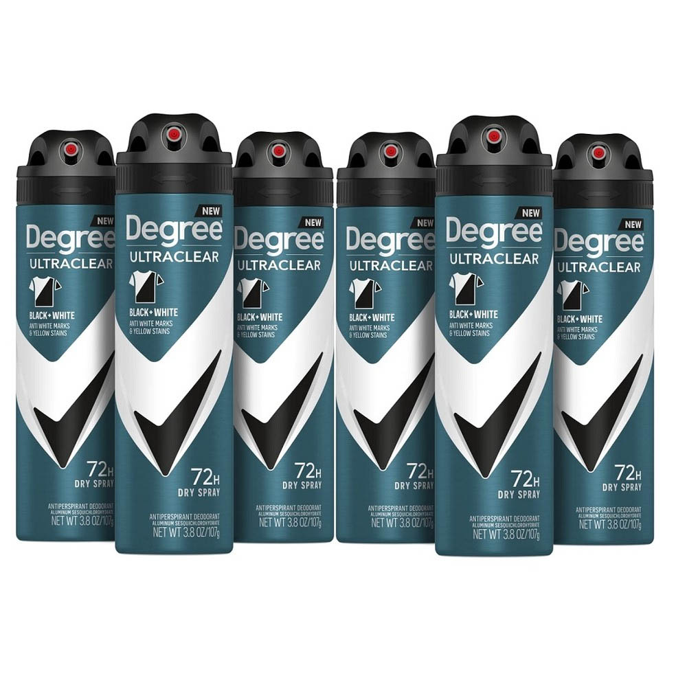6-pack of Degree Ultraclear antiperspirant deodorant spray, 72-hour protection, 3.8 oz each, formulated to prevent white marks and yellow stains on clothes.