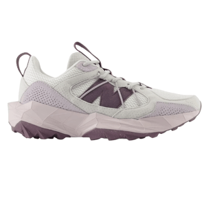 A stylish sneaker featuring a light gray mesh and suede upper with purple accents, prominently displaying a large \“N\“ logo and set on a geometric-patterned midsole with a rugged outsole.