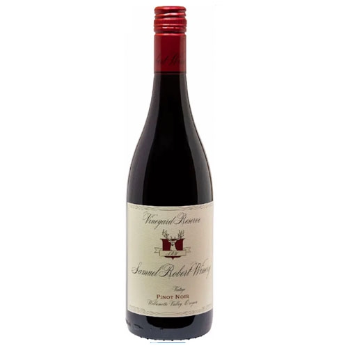 Bottle of Samuel Robert Winery Pinot Noir, Vineyard Reserve, from Willamette Valley, Oregon, with a red screw cap.