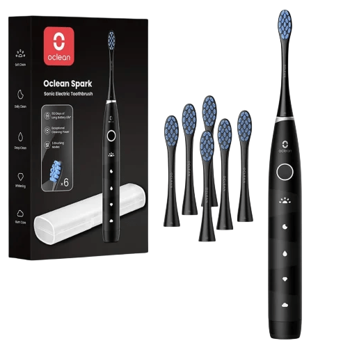 Oclean Spark Sonic Electric Toothbrush with six replacement brush heads, a travel case, and features for soft care, daily clean, deep clean, and intensity control.