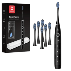 Oclean Spark Sonic Electric Toothbrush with six replacement brush heads, a travel case, and features for soft care, daily clean, deep clean, and intensity control.