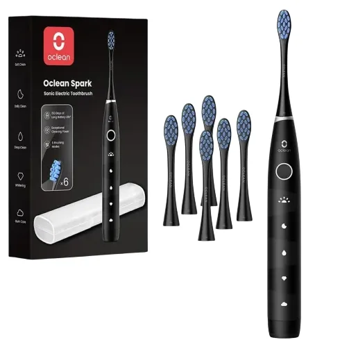 Oclean Spark Sonic Electric Toothbrush with six replacement brush heads, a travel case, and features for soft care, daily clean, deep clean, and intensity control.