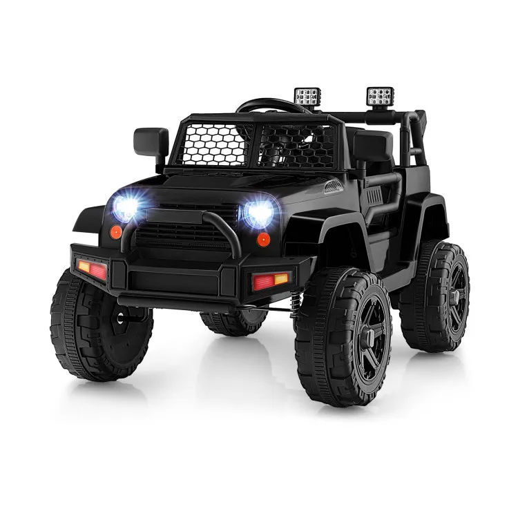 A black battery-powered toy jeep for kids featuring working headlights, large rugged wheels, and a roll bar with additional lights.