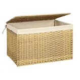 Woven wicker storage basket with a beige fabric lining and a hinged lid.