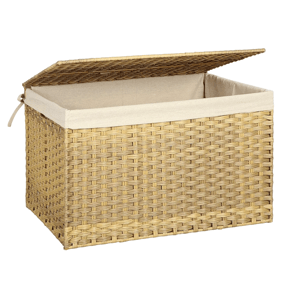 Woven wicker storage basket with a beige fabric lining and a hinged lid.