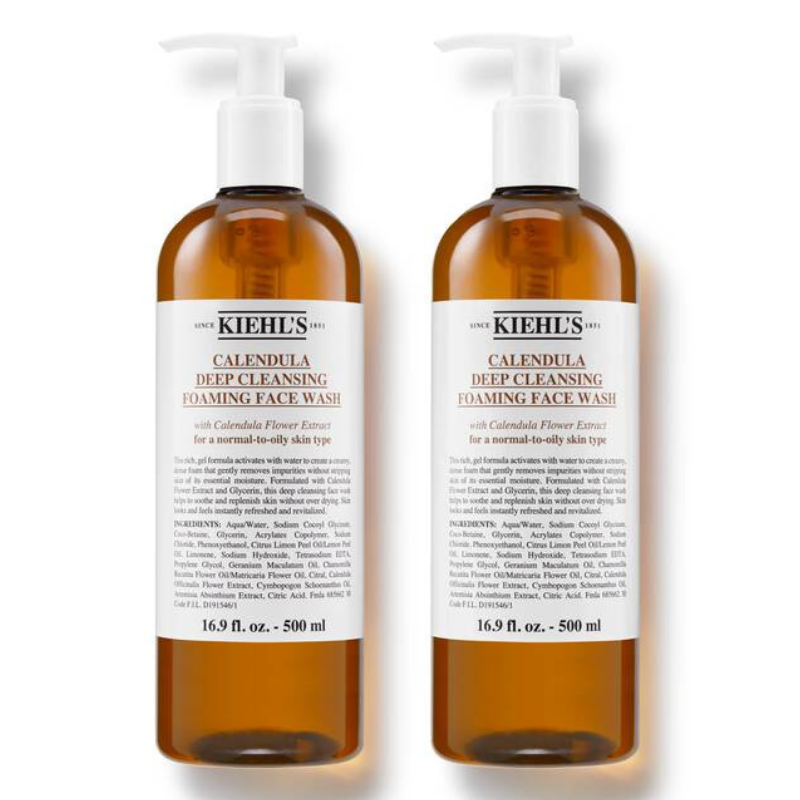 Kiehl's Calendula Deep Cleansing Foaming Face Wash, suitable for normal-to-oily skin, contains calendula flower extract and comes in 16.9 fl oz (500 ml) bottles.