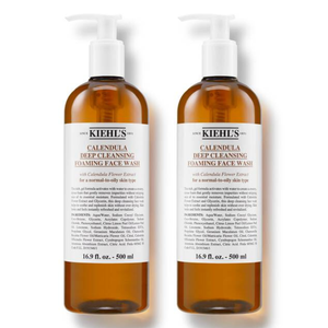 Kiehl's Calendula Deep Cleansing Foaming Face Wash, suitable for normal-to-oily skin, contains calendula flower extract and comes in 16.9 fl oz (500 ml) bottles.