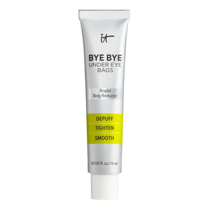 Bye Bye Under Eye Bags by IT Cosmetics, a rapid bag reducer cream with claims to depuff, tighten, and smooth under-eye areas. Contains 0.5 US fl. oz./15 ml.
