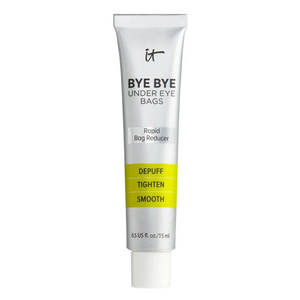 Bye Bye Under Eye Bags by IT Cosmetics, a rapid bag reducer cream with claims to depuff, tighten, and smooth under-eye areas. Contains 0.5 US fl. oz./15 ml.